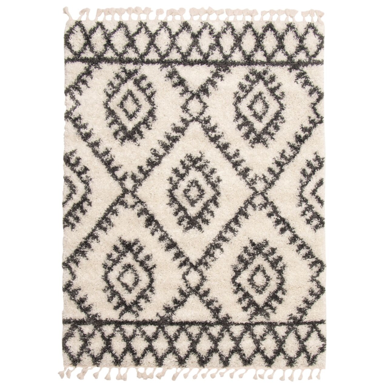 Chaudhary Living 5.25' x 7.25' Ivory and Charcoal Gray Geometric Trellis Rectangular Shag Area Throw Rug
